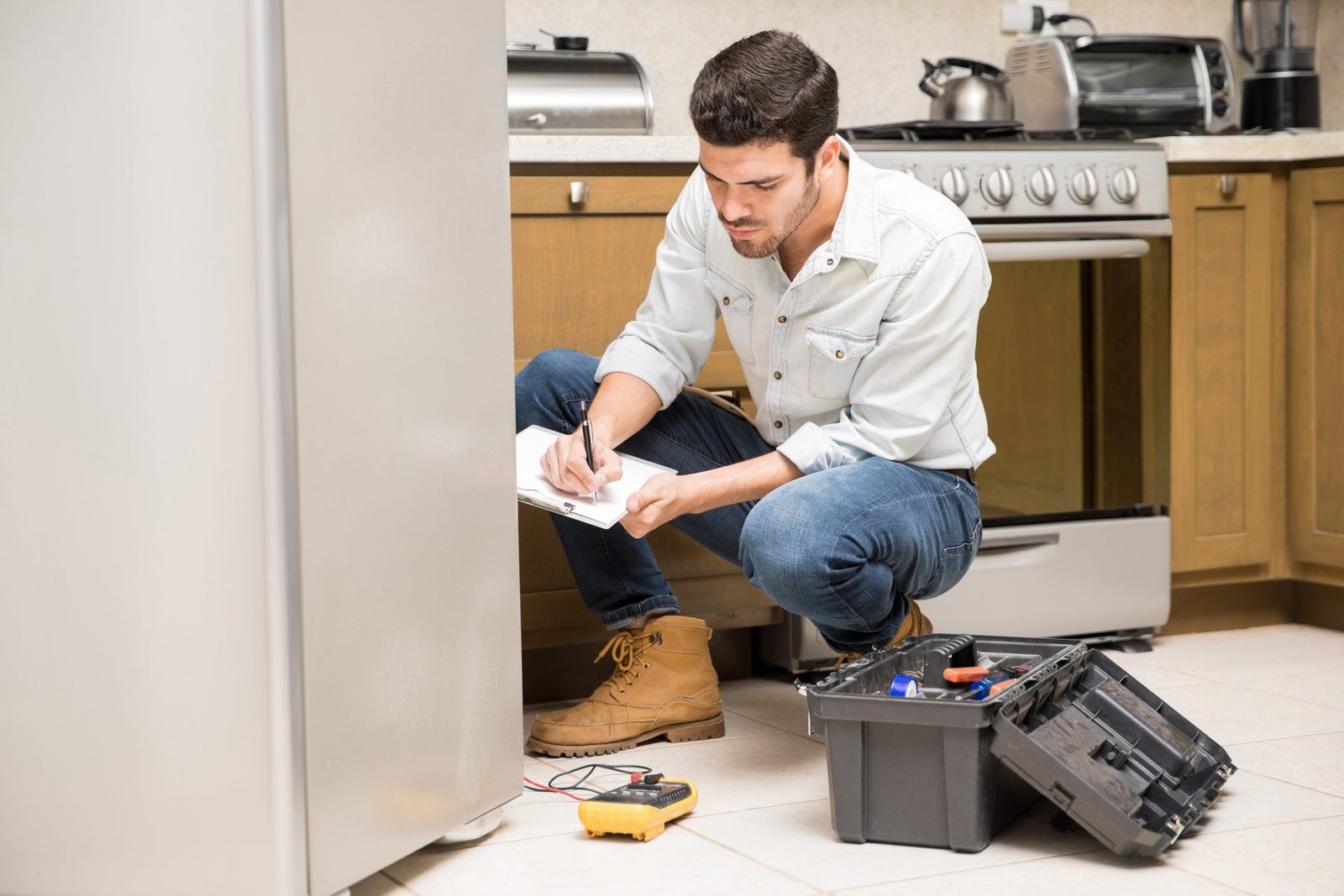 Male technician writing a work report